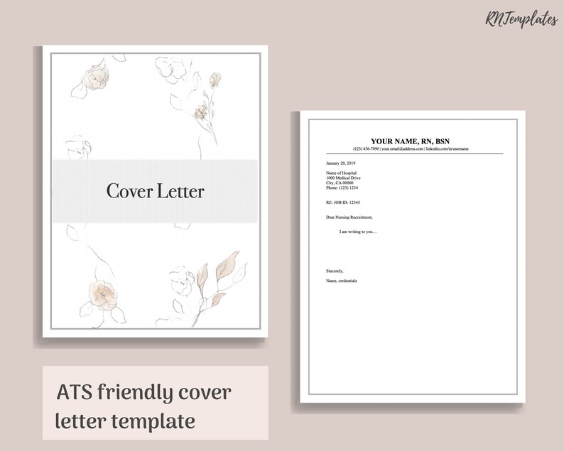 Puede incluir: Una plantilla de carta de presentaci&oacute;n con un dise&ntilde;o floral. El texto "Cover Letter" est&aacute; centrado en la p&aacute;gina. La plantilla es compatible con ATS.