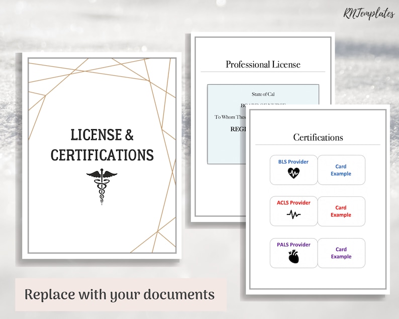 K&ouml;nnte beinhalten: Eine druckbare Vorlage f&uuml;r eine Krankenschwesterlizenz und Zertifizierungen. Die Vorlage hat ein goldenes geometrisches Design und ein medizinisches Symbol. Der Text "LICENSE & CERTIFICATIONS" befindet sich oben auf der Seite. Die Vorlage enth&auml;lt auch Abschnitte f&uuml;r eine Berufslizenz und Zertifizierungen mit Platzhaltern f&uuml;r die Kartenbeispiele.