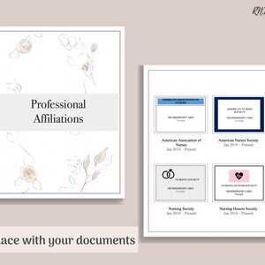 Puede incluir: Una p&aacute;gina blanca con el t&iacute;tulo "Afiliaciones profesionales" y una lista de organizaciones profesionales con sus fechas de membres&iacute;a. La p&aacute;gina est&aacute; decorada con un dise&ntilde;o floral.