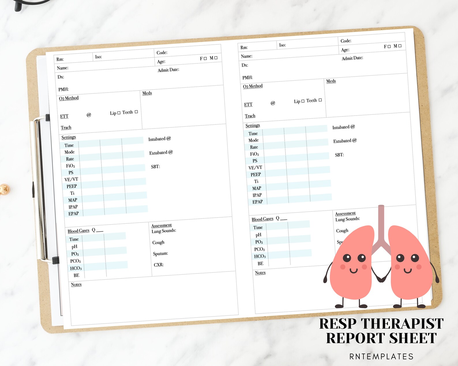 Respiratory Therapist Brain Report Sheet, 2 Patients, RT Template for