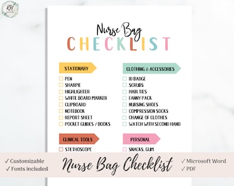 Nurse Bag Checklist, Nursing Clinicals Packing List, Instant Download, Microsoft Word, PDF