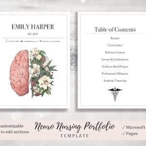 May include: A template for a neuro nursing portfolio featuring a brain illustration and the text "Neuro Nursing Portfolio" and "Template". The portfolio includes sections for a resume, cover letter, reference letters, licence and certifications, evidence-based project, professional affiliations, and academic transcript. The template is fully customisable and easy to edit.