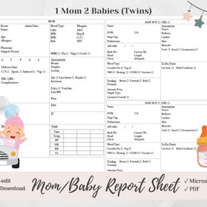 Hoja de informe cerebral de la enfermera de mamá y bebé para 1 mamá, 2 bebés, gemelos, posparto, Microsoft Word, PDF