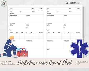 Feuille de rapport du patient paramédical EMS, modèle paramédical, services médicaux d'urgence, Microsoft Word, PDF