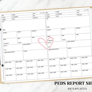 May include: A printable medical report sheet for pediatric patients. The sheet is divided into sections for vital signs, physical exam findings, and lab results. The sheet includes a time-based grid for recording data.