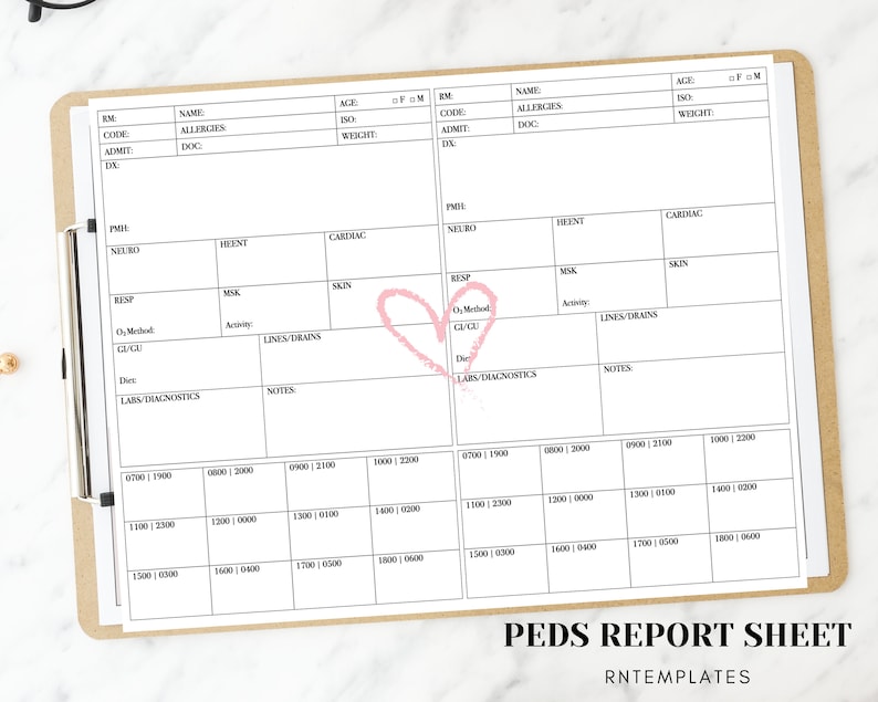 May include: A printable medical report sheet for pediatric patients. The sheet is divided into sections for vital signs, physical exam findings, and lab results. The sheet includes a time-based grid for recording data.