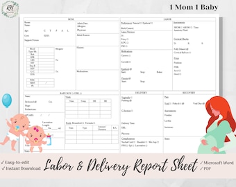 Labor and Delivery Nurse Brain Report Sheet, 1 Mom and 1 Baby, L&D, Microsoft Word, PDF