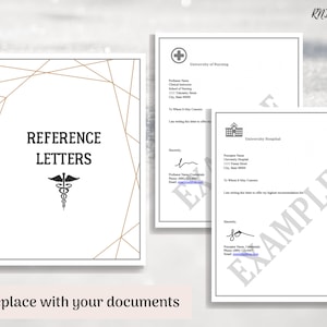K&ouml;nnte beinhalten: Eine druckbare Vorlage f&uuml;r Empfehlungsschreiben mit einem goldenen geometrischen Design und einem medizinischen Caduceus-Symbol. Der Text "REFERENCE LETTERS" befindet sich oben auf der Seite. Die Vorlage enth&auml;lt ein Beispiel f&uuml;r ein Empfehlungsschreiben von einer Universit&auml;t f&uuml;r Pflege und einem Universit&auml;tskrankenhaus.