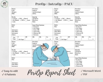 PreOp / PACU Nurse Report Sheet for 4 Patients, PeriOp, PreOp, IntraOp, OR, Recovery, Nurse Handoff Brain, Microsoft Word, PDF