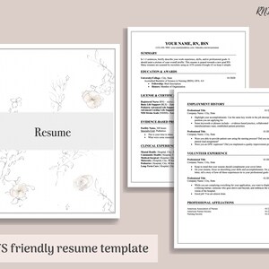 Puede incluir: Una plantilla de curr&iacute;culum con un dise&ntilde;o floral. La plantilla es compatible con ATS e incluye secciones para resumen, educaci&oacute;n y premios, licencia y certificaciones, historial de empleo, pr&aacute;ctica basada en la evidencia, experiencia cl&iacute;nica, experiencia de voluntariado, afiliaciones profesionales y una secci&oacute;n para asociaciones profesionales.