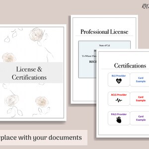 Puede incluir: Una plantilla imprimible para una licencia profesional y certificaciones. La plantilla presenta un dise&ntilde;o floral con fondo blanco y contornos negros. El texto "License & Certifications" est&aacute; en la parte superior de la p&aacute;gina. El texto "Professional License" est&aacute; en la parte superior de la segunda p&aacute;gina. El texto "State of Cal" est&aacute; en un cuadro debajo del t&iacute;tulo. El texto "To Whom The" est&aacute; en la parte superior de la tercera p&aacute;gina. El texto "REGI" est&aacute; debajo del texto "To Whom The". El texto "Certifications" est&aacute; en la parte superior de la tercera p&aacute;gina. La tercera p&aacute;gina tiene tres cuadros con el texto "BLS Provider", "ACLS Provider" y "PALS Provider" en cada cuadro. Cada cuadro tiene un s&iacute;mbolo m&eacute;dico y el texto "Card Example" al lado.