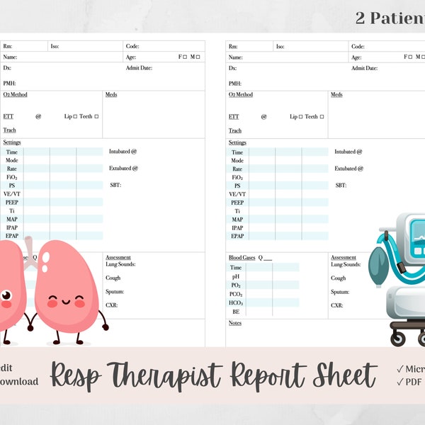 Respiratory Therapist Brain Report Sheet, 2 Patients, RT Template for Notes, Microsoft Word, PDF