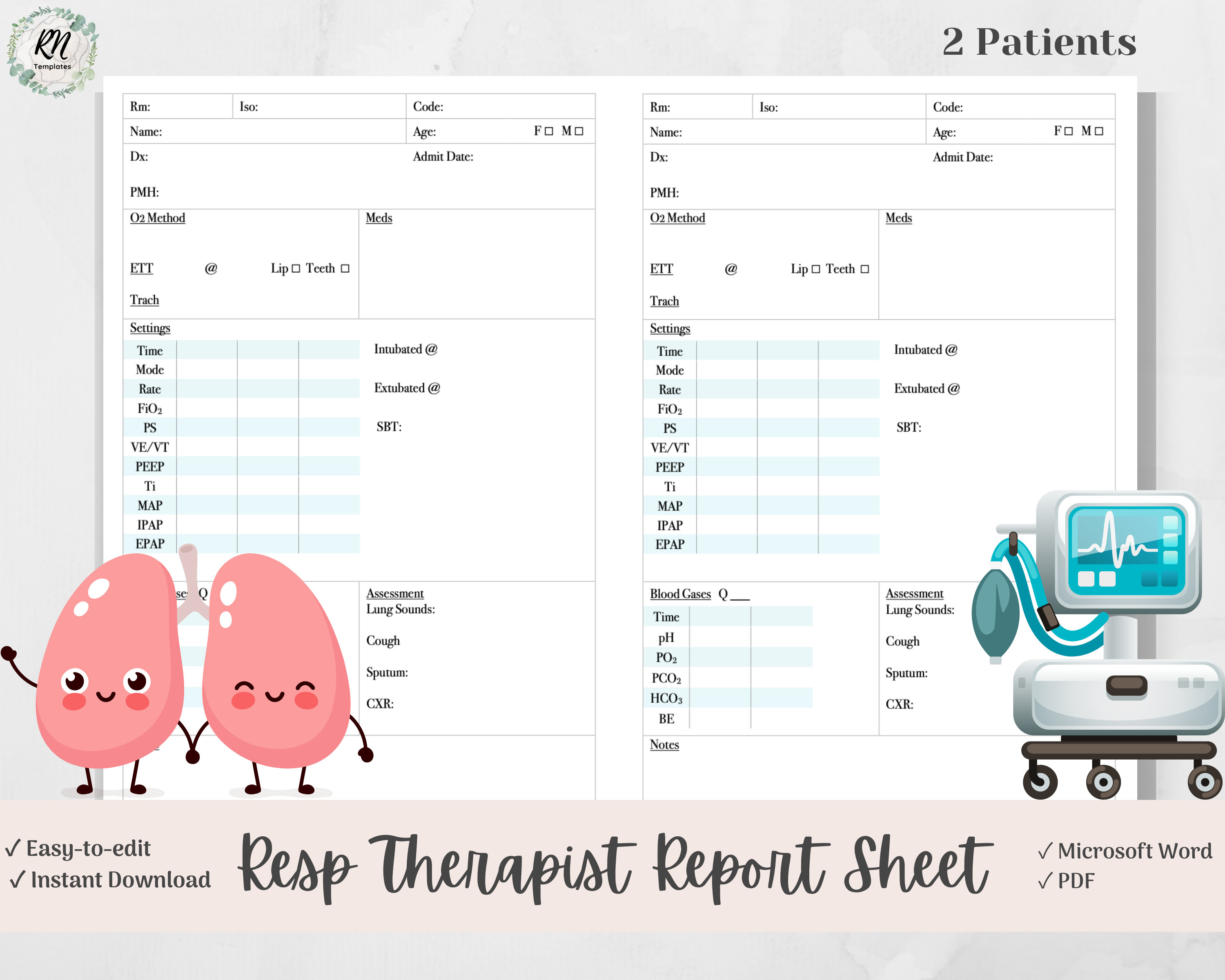 Respiratory Therapist Brain Report Sheet, 2 Patients, RT Template for Notes, Microsoft Word, PDF
