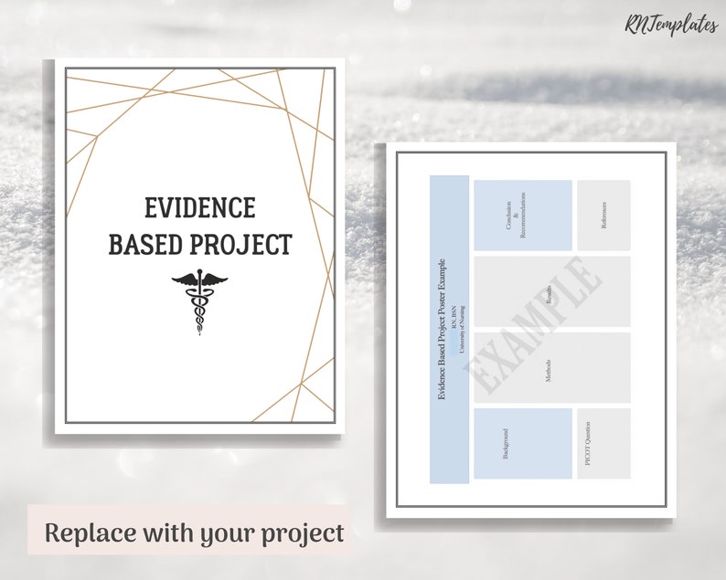 K&ouml;nnte beinhalten: Ein wei&szlig;es Poster mit einem goldenen geometrischen Design und dem Text "EVIDENCE BASED PROJECT" in Schwarz. Ein schwarzes medizinisches Symbol befindet sich mittig unter dem Text. Das Poster tr&auml;gt den Titel "Evidence Based Project Poster Example".