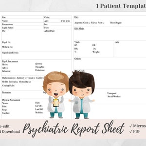 Detaillierter Psych Nurse Report Sheet für 1 Patienten, Psychiatrische Krankenschwester Gehirn, Behavioral Health Nurse, Psychische Gesundheit, Microsoft Word, PDF