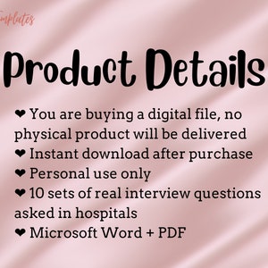 K&ouml;nnte beinhalten: Rosa Hintergrund mit dem Text "Product Details" in Schwarz. Der Text darunter listet Details zum Produkt auf, darunter, dass es sich um eine digitale Datei handelt, ein sofortiger Download, nur f&uuml;r den pers&ouml;nlichen Gebrauch und 10 S&auml;tze mit echten Interviewfragen, die in Krankenh&auml;usern gestellt werden. Der Text gibt auch an, dass das Produkt in den Formaten Microsoft Word und PDF verf&uuml;gbar ist.