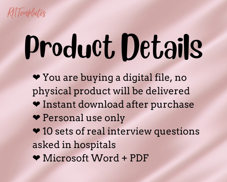 K&ouml;nnte beinhalten: Rosa Hintergrund mit dem Text "Product Details" in Schwarz. Der Text darunter listet Details zum Produkt auf, darunter, dass es sich um eine digitale Datei handelt, ein sofortiger Download, nur f&uuml;r den pers&ouml;nlichen Gebrauch und 10 S&auml;tze mit echten Interviewfragen, die in Krankenh&auml;usern gestellt werden. Der Text gibt auch an, dass das Produkt in den Formaten Microsoft Word und PDF verf&uuml;gbar ist.