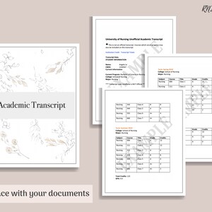 Puede incluir: Una plantilla de transcripcion acad&eacute;mica imprimible con un dise&ntilde;o floral. La plantilla incluye secciones para informaci&oacute;n del estudiante, cursos, calificaciones y cr&eacute;ditos. El texto "Transcripci&oacute;n acad&eacute;mica" est&aacute; en la parte superior de la p&aacute;gina. El texto "Reemplazar con sus documentos" est&aacute; en la parte inferior de la p&aacute;gina.