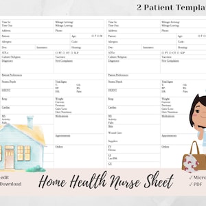 Home Health Nurse Brain Sheet for 2 Patients, Home Health Visit RN, Microsoft Word, PDF