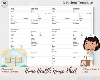 Home Health Nurse Brain Sheet for 2 Patients, Home Health Visit RN, Microsoft Word, PDF