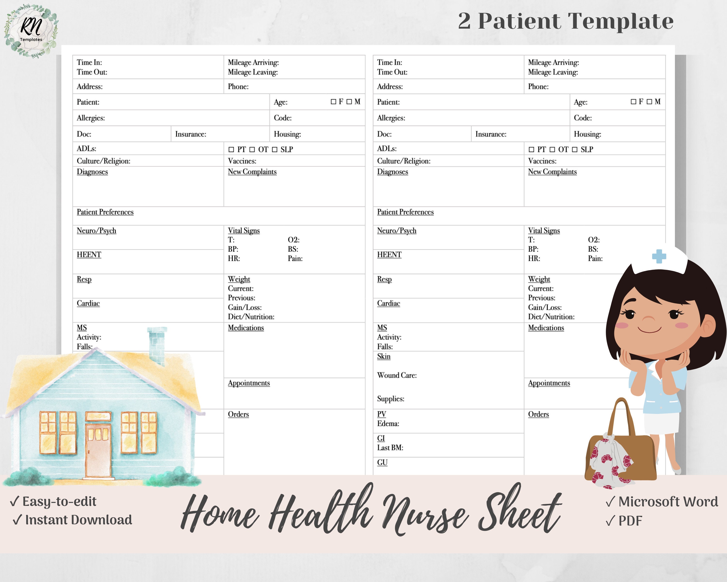Home Health Nurse Brain Sheet for 2 Patients Home Health - Etsy Finland