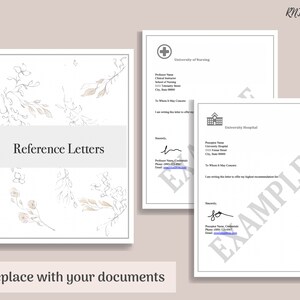 Puede incluir: Una plantilla de carta de referencia imprimible. La plantilla incluye un dise&ntilde;o floral y espacio para el nombre del remitente, su cargo, su informaci&oacute;n de contacto y su firma. El texto "Reference Letters" est&aacute; en la parte superior de la p&aacute;gina. El texto "Replace with your documents" est&aacute; en la parte inferior de la p&aacute;gina.