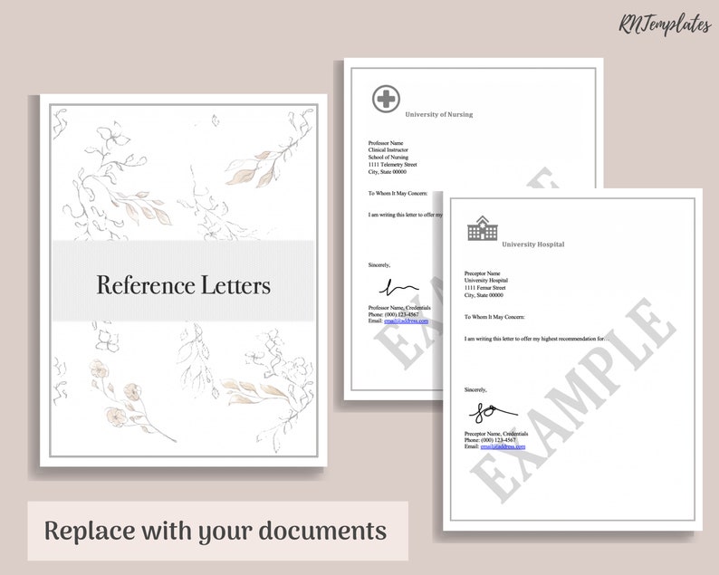 Puede incluir: Una plantilla de carta de referencia imprimible. La plantilla incluye un dise&ntilde;o floral y espacio para el nombre del remitente, su cargo, su informaci&oacute;n de contacto y su firma. El texto "Reference Letters" est&aacute; en la parte superior de la p&aacute;gina. El texto "Replace with your documents" est&aacute; en la parte inferior de la p&aacute;gina.