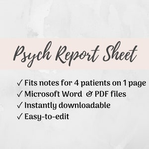 Op de afbeelding: Een digitale download voor een printbaar psychologisch rapportblad. Het blad is ontworpen om notities voor vier pati&euml;nten op &eacute;&eacute;n pagina te passen. Het is beschikbaar in Microsoft Word en PDF-formaten en is direct te downloaden en gemakkelijk te bewerken.