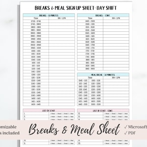 Nurse Break & Meals Tracker Template, 2 Versions for 12 Hour and 8 Hour Shift, Microsoft Word, PDF, Instant Download