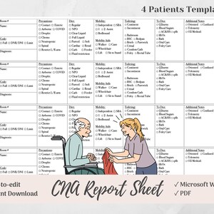 CNA Brain Sheet for 4 Patients Checkbox Version, Certified Nursing Assistant, Nurse Tech, Microsoft Word, PDF