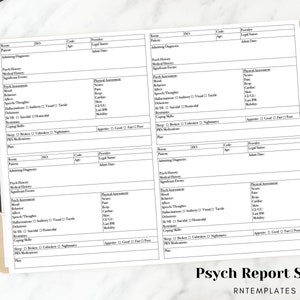 Op de afbeelding: Een zwart-witte printbare sjabloon voor een psychologisch rapport met de tekst "Psych Report Sheet" en "RNTEMPLATES" onderaan. De sjabloon is verdeeld in secties voor pati&euml;ntinformatie, opnamediagnose, psychologische geschiedenis, medische geschiedenis, belangrijke gebeurtenissen, psychologische beoordeling, lichamelijke beoordeling en copingvaardigheden.