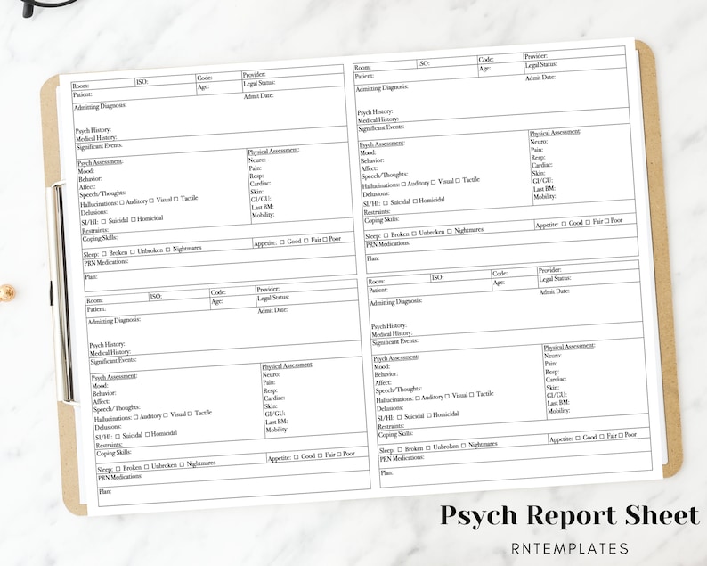 Op de afbeelding: Een zwart-witte printbare sjabloon voor een psychologisch rapport met de tekst "Psych Report Sheet" en "RNTEMPLATES" onderaan. De sjabloon is verdeeld in secties voor pati&euml;ntinformatie, opnamediagnose, psychologische geschiedenis, medische geschiedenis, belangrijke gebeurtenissen, psychologische beoordeling, lichamelijke beoordeling en copingvaardigheden.