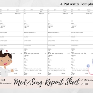 May include: A printable medical report sheet template for four patients. The template includes sections for patient information, vital signs, medications, and other medical details. The template is designed for use by medical professionals.