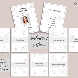 Puede incluir: Una plantilla de curr&iacute;culum vitae imprimible para enfermeras registradas (RN) con un dise&ntilde;o floral. La plantilla incluye secciones para un curr&iacute;culum, una carta de presentaci&oacute;n, cartas de recomendaci&oacute;n, licencia y certificaciones, proyecto basado en evidencia, afiliaciones profesionales y expediente acad&eacute;mico. La plantilla es compatible con Microsoft Word y Pages.