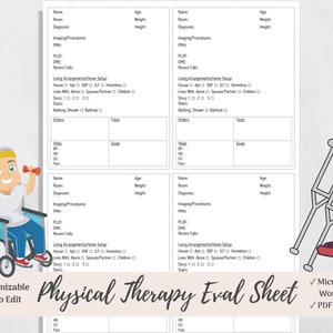 Könnte beinhalten: Ein druckbares Blatt für die Physiotherapie-Bewertung mit einer Checkliste für Wohnverhältnisse, Baden und Anordnungen. Das Blatt enthält auch Abschnitte für Vitalwerte, Ziele und Tests. Das Bild zeigt eine Grafik einer Person im Rollstuhl und ein Paar Krücken.