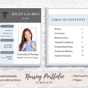 Nursing Portfolio Template, Blue, Registered Nurse Template, Resume Template Word, RN Resume, Nursing Portfolio, Nurse Portfolio