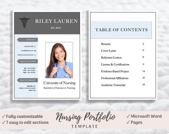 Op de afbeelding: Een lichtblauwe en grijze portfolio-sjabloon voor verpleging met een inhoudsopgave met daarin een cv, sollicitatiebrief, aanbevelingsbrieven, licenties en certificeringen, een op bewijs gebaseerd project, professionele affiliaties en een academisch transcript. De sjabloon is volledig aanpasbaar en gemakkelijk te bewerken. Het is compatibel met Microsoft Word en Pages.