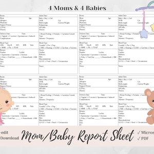 Hoja de informe cerebral definitiva para enfermeras de mamás y bebés, 4 mamás y 4 bebés, posparto, Microsoft Word, PDF