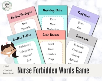 May include: A set of colorful cards with the title "Nurse Forbidden Words Game". The cards feature common nursing terms and phrases that are often used in a hospital setting. The cards are designed to be used as a fun and engaging way to learn about the nursing profession.