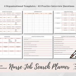 Nurse Job Search Planner, Nurse Interview Prep, Nurse Interview Questions, Microsoft Word, PDF