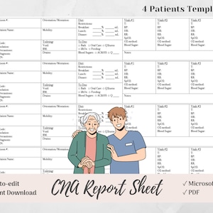 Mein Lieblings-CNA-Gehirnbericht für 4 Patienten, zertifizierte Pflegehelferin, Krankenpflegehelferin, Krankenschwester Tech, Microsoft Word, PDF