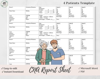 May include: A CNA report sheet template with space for four patients. The template includes sections for patient information, vital signs, diet, and notes. An illustration of a CNA with a patient is in the center. The words "Easy-to-edit" and "Instant Download" are at the bottom.
