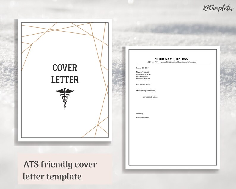 K&ouml;nnte beinhalten: Eine schwarz-wei&szlig;e Anschreibenvorlage mit einem goldenen geometrischen Design und einem medizinischen Symbol. Der Text "COVER LETTER" befindet sich oben auf der Seite. Die Vorlage ist ATS-freundlich.