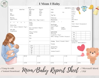 Può includere: Un foglio di rapporto mamma e bambino stampabile con uno schema di colori rosa e blu. Il foglio include sezioni per le informazioni della mamma, le informazioni del bambino e una linea temporale per tenere traccia dei segni vitali. Il foglio è intitolato "1 Mom 1 Baby Mom/Baby Report Sheet".