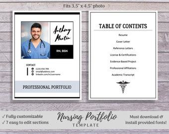 Op de afbeelding: Een zwart-witte printbare portfolio-sjabloon voor verpleegkundigen met een inhoudsopgave, contactgegevens en een sectie voor een professioneel portfolio. De sjabloon bevat een fotoplekhouder, een ruimte voor de naam en kwalificaties van de verpleegkundige en een medisch symbool.