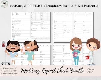Op de afbeelding: Een bundel van vijf printbare medische rapporten voor MedSurg- en PCU/IMCU-patiënten. De rapporten zijn ontworpen voor 1, 2, 3 en 4 patiënten. De afbeelding bevat een cartoonillustratie van verpleegkundigen en een patiënt.