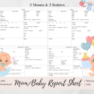 The BEST Mom & Baby Nurse Brain Report Sheet for 2 Couplets, 2 Moms 2 Baby, Postpartum, Microsoft Word, PDF