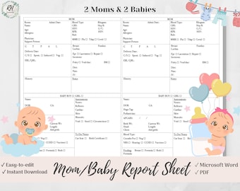 May include: Printable mom and baby report sheet template in a light pink and blue color scheme with illustrations of babies. The template includes sections for mom's information, baby's information, and a checklist of to-do items. The text on the template reads "2 Moms & 2 Babies" and "Mom/Baby Report Sheet".