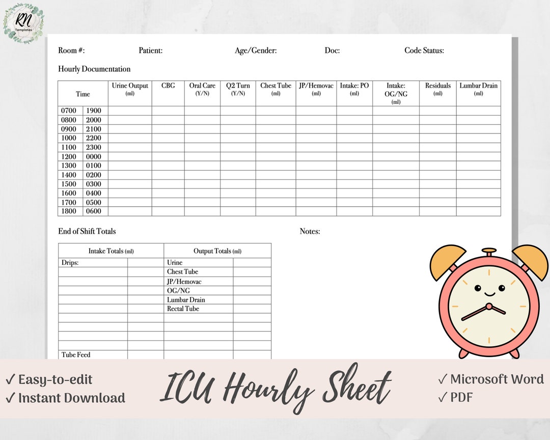 Detailed ICU Nurse Hourly Documentation Sheet, Microsoft Word, PDF Etsy
