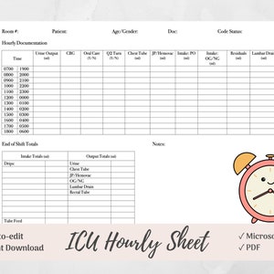 Detailed ICU Nurse Hourly Documentation Sheet, Microsoft Word, PDF